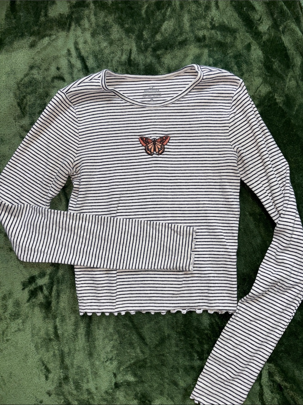 Striped Long Sleeve Cropped Tee with Orange Butterfly Embroidery Patch